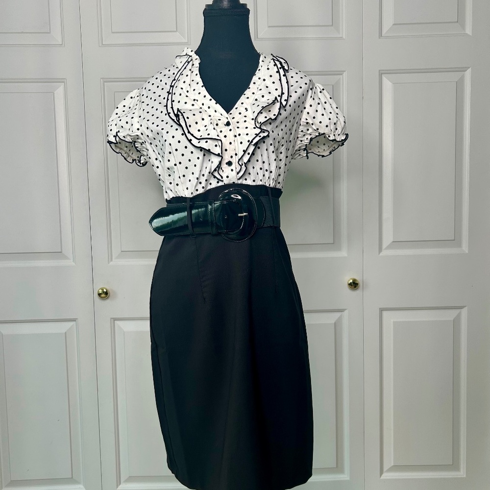 Cocomo Polka Dots Top & Black Skirt Dress with Black Wide Belt Size 8